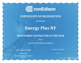 Con Edison Certificate of Recognition — Multifamily Contractor of the Year, Energy Plus NY