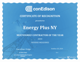 Con Edison Certificate of Recognition — Multifamily Contractor of the Year, Energy Plus NY