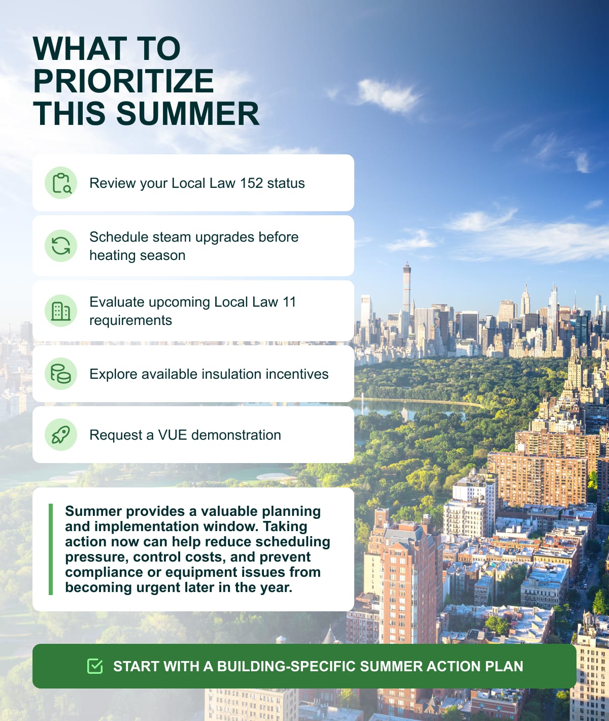 What to prioritize this summer — review Local Law 152 status, schedule steam upgrades, evaluate Local Law 11, explore insulation incentives, request a VUE demonstration. Start with a building-specific summer action plan.