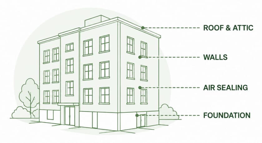 Building insulation diagram: roof & attic, walls, air sealing, foundation